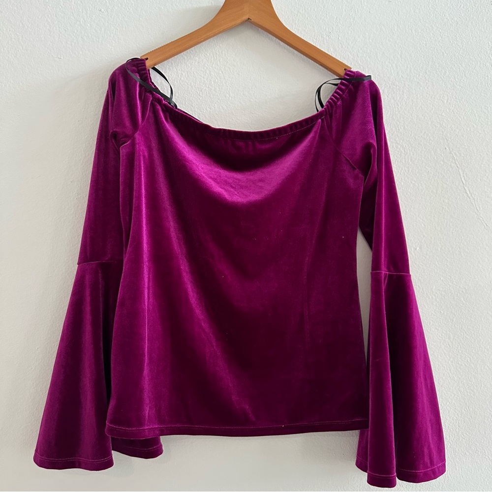 Magenta Purple Velvet Bell Sleeve Off Shoulder Long Sleeve Blouse Size Small